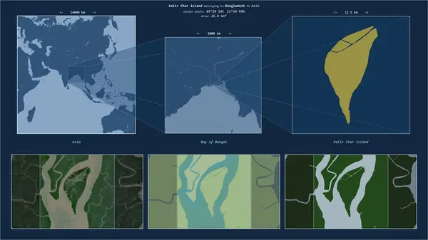 stock image Kalir Char Island in the Bay of Bengal - belonging to Bangladesh. Described location diagram with yellow shape of the island and sample maps of its surroundings