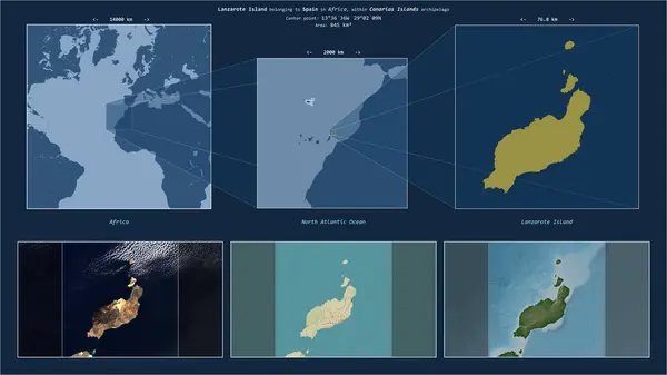 stock image Lanzarote Island in the North Atlantic Ocean - belonging to Spain. Described location diagram with yellow shape of the island and sample maps of its surroundings