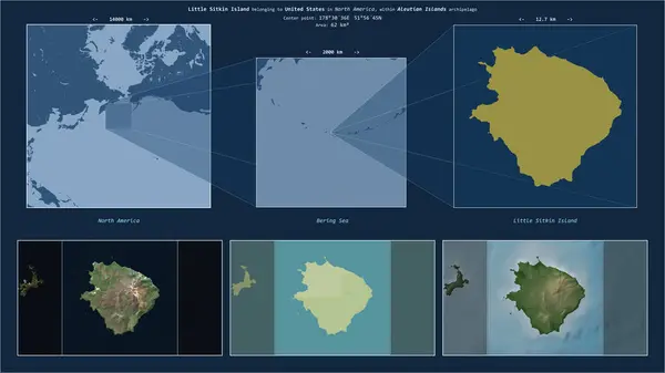 stock image Little Sitkin Island in the Bering Sea - belonging to United States. Described location diagram with yellow shape of the island and sample maps of its surroundings