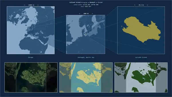 stock image Lolland Island in the Kattegat - belonging to Denmark. Described location diagram with yellow shape of the island and sample maps of its surroundings