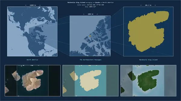 stock image Mackenzie King Island in the The Northwestern Passages - belonging to Canada. Described location diagram with yellow shape of the island and sample maps of its surroundings