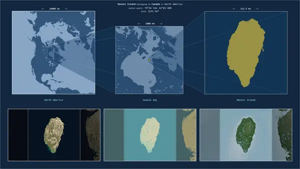 stock image Mansel Island in the Hudson Bay - belonging to Canada. Described location diagram with yellow shape of the island and sample maps of its surroundings