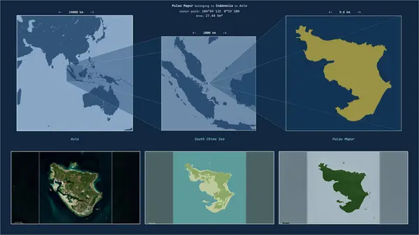 stock image Pulau Mapur in the South China Sea - belonging to Indonesia. Described location diagram with yellow shape of the island and sample maps of its surroundings