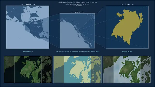 stock image Marble Island in the The Coastal Waters of Southeast Alaska and British Columbia - belonging to United States. Described location diagram with yellow shape of the island and sample maps of its surroundings