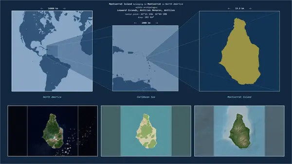 stock image Montserrat Island in the Caribbean Sea - belonging to Montserrat. Described location diagram with yellow shape of the island and sample maps of its surroundings