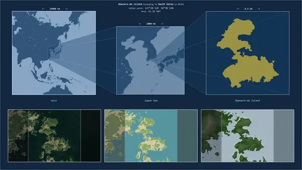 stock image Naenaro-do Island in the Japan Sea - belonging to South Korea. Described location diagram with yellow shape of the island and sample maps of its surroundings