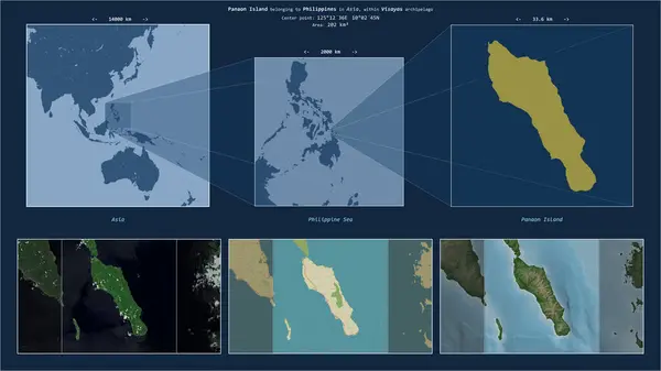 stock image Panaon Island in the Philippine Sea - belonging to Philippines. Described location diagram with yellow shape of the island and sample maps of its surroundings