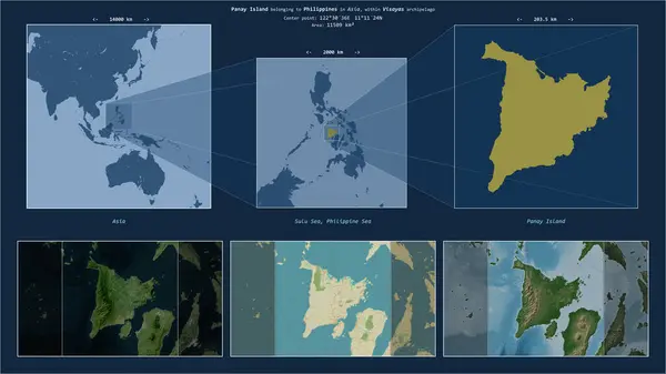 stock image Panay Island in the Sulu Sea - belonging to Philippines. Described location diagram with yellow shape of the island and sample maps of its surroundings