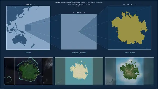 stock image Ponape Island in the North Pacific Ocean - belonging to Federated States of Micronesia. Described location diagram with yellow shape of the island and sample maps of its surroundings