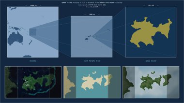 Güney Pasifik Okyanusu 'ndaki Qamea Adası Fiji' ye ait. Adanın sarı şekli ve çevresinin örnek haritalarıyla tanımlanmış konum diyagramı.