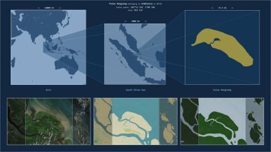Güney Çin Denizi 'ndeki Pulau Rangsang Endonezya' ya ait. Adanın sarı şekli ve çevresinin örnek haritalarıyla tanımlanmış konum diyagramı.