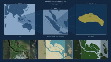 Pulau Rantau in the Malacca Strait - belonging to Indonesia. Described location diagram with yellow shape of the island and sample maps of its surroundings clipart