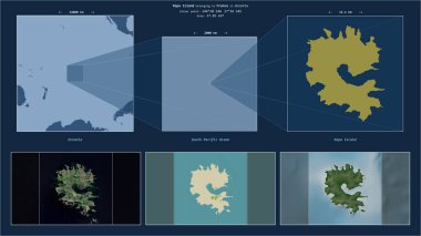 Güney Pasifik Okyanusu 'ndaki Rapa Adası. Fransa' ya ait. Adanın sarı şekli ve çevresinin örnek haritalarıyla tanımlanmış konum diyagramı.