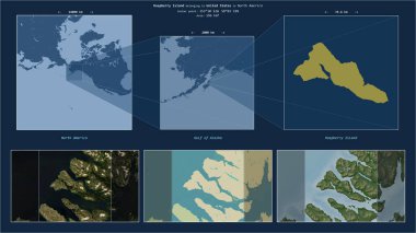 Alaska Körfezi 'ndeki Ahududu Adası. Amerika Birleşik Devletleri' ne ait. Adanın sarı şekli ve çevresinin örnek haritalarıyla tanımlanmış konum diyagramı.