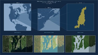 Amerika Birleşik Devletleri 'ne ait Kuzey Atlantik Okyanusu' ndaki Rhode Island. Adanın sarı şekli ve çevresinin örnek haritalarıyla tanımlanmış konum diyagramı.