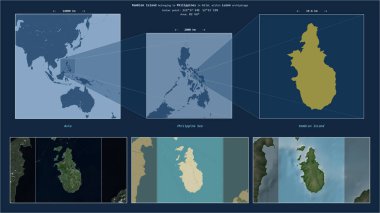 Filipin Denizi 'ndeki Romblon Adası. Filipinler' e ait. Adanın sarı şekli ve çevresinin örnek haritalarıyla tanımlanmış konum diyagramı.