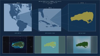 Rum Cay Island in the North Atlantic Ocean - belonging to Bahamas. Described location diagram with yellow shape of the island and sample maps of its surroundings clipart