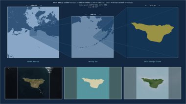 Saint George Island in the Bering Sea - belonging to United States. Described location diagram with yellow shape of the island and sample maps of its surroundings clipart