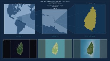 Karayip Denizi 'ndeki Saint Lucia Adası. Saint Lucia' ya ait. Adanın sarı şekli ve çevresinin örnek haritalarıyla tanımlanmış konum diyagramı.