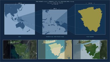 Pulau Salawati in the Halmahera Sea - belonging to Indonesia. Described location diagram with yellow shape of the island and sample maps of its surroundings clipart