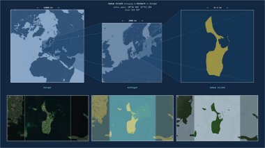 Sams Island in the Kattegat - belonging to Denmark. Described location diagram with yellow shape of the island and sample maps of its surroundings clipart