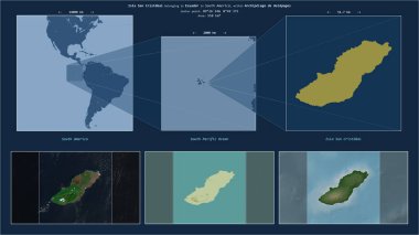 Güney Pasifik Okyanusu 'ndaki San Cristobal Adası Ekvador' a ait. Adanın sarı şekli ve çevresinin örnek haritalarıyla tanımlanmış konum diyagramı.