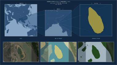 Bengal Körfezi 'ndeki Sandwip Adası. Bangladeş' e ait. Adanın sarı şekli ve çevresinin örnek haritalarıyla tanımlanmış konum diyagramı.