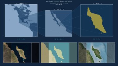 California Körfezi 'ndeki San Jose Adası. Meksika' ya ait. Adanın sarı şekli ve çevresinin örnek haritalarıyla tanımlanmış konum diyagramı.