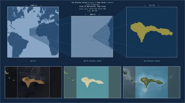 Kuzey Atlantik Okyanusu 'ndaki Sao Nicolau Adası. Cape Verde' ye ait. Adanın sarı şekli ve çevresinin örnek haritalarıyla tanımlanmış konum diyagramı.