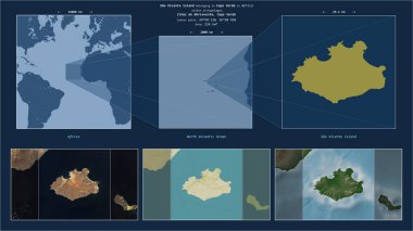 Kuzey Atlantik Okyanusu 'ndaki Sao Vicente Adası. Cape Verde' ye ait. Adanın sarı şekli ve çevresinin örnek haritalarıyla tanımlanmış konum diyagramı.