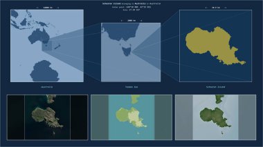 Tazman Denizi 'ndeki Schouten Adası. Avustralya' ya ait. Adanın sarı şekli ve çevresinin örnek haritalarıyla tanımlanmış konum diyagramı.