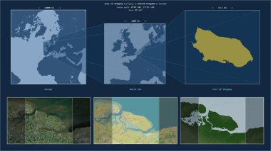 Kuzey Denizi 'ndeki Sheppey Adası. Birleşik Krallık' a ait. Adanın sarı şekli ve çevresinin örnek haritalarıyla tanımlanmış konum diyagramı.