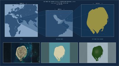 Sir Bani Yas Island in the Persian Gulf - belonging to United Arab Emirates. Described location diagram with yellow shape of the island and sample maps of its surroundings clipart