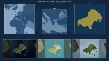 Yunanistan 'a ait Ege Denizi' ndeki Skiathos Adası. Adanın sarı şekli ve çevresinin örnek haritalarıyla tanımlanmış konum diyagramı.