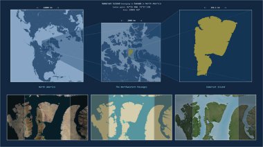 Kanada 'ya ait Kuzeybatı Geçitleri' ndeki Somerset Adası. Adanın sarı şekli ve çevresinin örnek haritalarıyla tanımlanmış konum diyagramı.