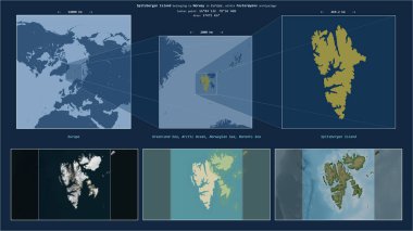 Spitsbergen Island in the Barents Sea - belonging to Norway. Described location diagram with yellow shape of the island and sample maps of its surroundings clipart