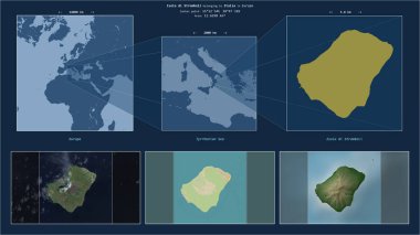 İtalya 'ya ait Tyrhenian Denizi' ndeki Isola di Stromboli. Adanın sarı şekli ve çevresinin örnek haritalarıyla tanımlanmış konum diyagramı.