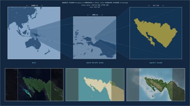 Supiori Island in the South Pacific Ocean - belonging to Indonesia. Described location diagram with yellow shape of the island and sample maps of its surroundings clipart