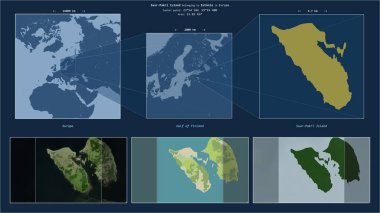 Estonya 'ya ait Finlandiya Körfezi' ndeki Suur-Pakri Adası. Adanın sarı şekli ve çevresinin örnek haritalarıyla tanımlanmış konum diyagramı.