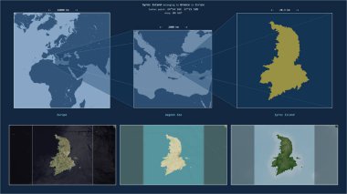 Ege Denizi 'ndeki Syros Adası - Yunanistan' a ait. Adanın sarı şekli ve çevresinin örnek haritalarıyla tanımlanmış konum diyagramı.
