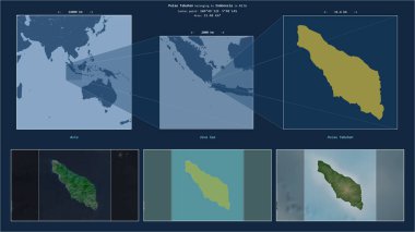 Pulau Tabuhan in the Java Sea - belonging to Indonesia. Described location diagram with yellow shape of the island and sample maps of its surroundings clipart