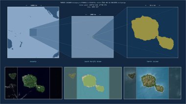 Güney Pasifik Okyanusu 'ndaki Tahiti Adası. Fransa' ya ait. Adanın sarı şekli ve çevresinin örnek haritalarıyla tanımlanmış konum diyagramı.
