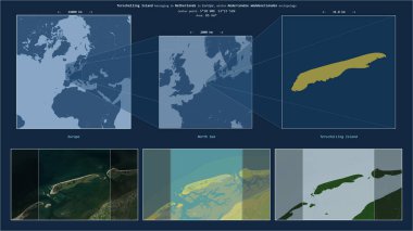 Kuzey Denizi 'ndeki Terschelling Adası. Hollanda' ya ait. Adanın sarı şekli ve çevresinin örnek haritalarıyla tanımlanmış konum diyagramı.