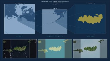 Tigalda Island in the Bering Sea - belonging to United States. Described location diagram with yellow shape of the island and sample maps of its surroundings clipart