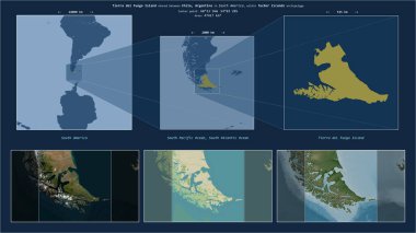 Tierra del Fuego Island in the South Pacific Ocean - shared between: Chile, Argentina. Described location diagram with yellow shape of the island and sample maps of its surroundings clipart