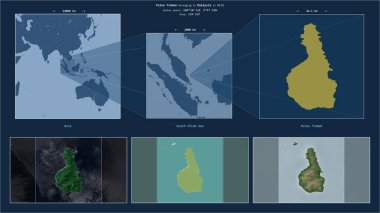 Güney Çin Denizi 'nde Malezya' ya ait Pulau Tioman. Adanın sarı şekli ve çevresinin örnek haritalarıyla tanımlanmış konum diyagramı.