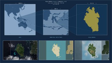 Pulau Kabaena in the Banda Sea - belonging to Indonesia. Described location diagram with yellow shape of the island and sample maps of its surroundings clipart