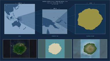 Bismarck Denizi 'ndeki Tolokiwa Adası Papua Yeni Gine' ye ait. Adanın sarı şekli ve çevresinin örnek haritalarıyla tanımlanmış konum diyagramı.