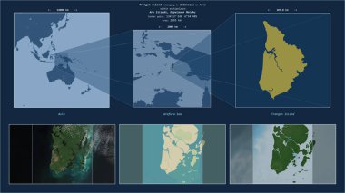 Endonezya 'ya ait Arafura Denizi' ndeki Trangan Adası. Adanın sarı şekli ve çevresinin örnek haritalarıyla tanımlanmış konum diyagramı.