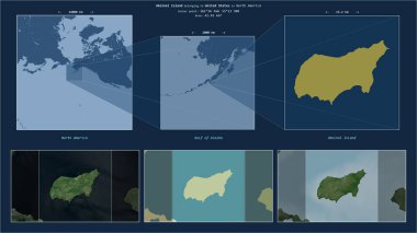 Alaska Körfezi 'ndeki Ukolnoi Adası. Amerika Birleşik Devletleri' ne ait. Adanın sarı şekli ve çevresinin örnek haritalarıyla tanımlanmış konum diyagramı.